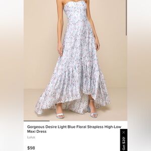 Strapless pink and blue floral maxi dress from lulus (love shack fancy vibes)
